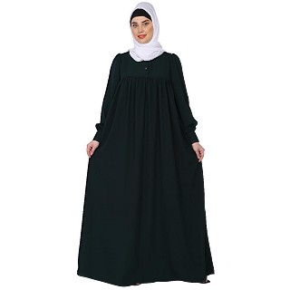 Casual cuff sleeves pleated abaya- Bottle Green